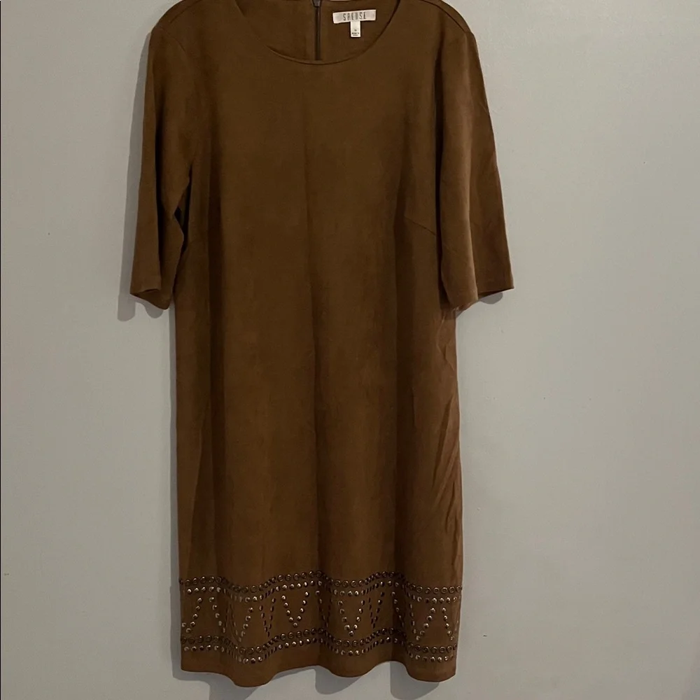 Spense Brown Midi Dress with Studded Detail faux suede short sleeve large sz 14 - Picture 7 of 10